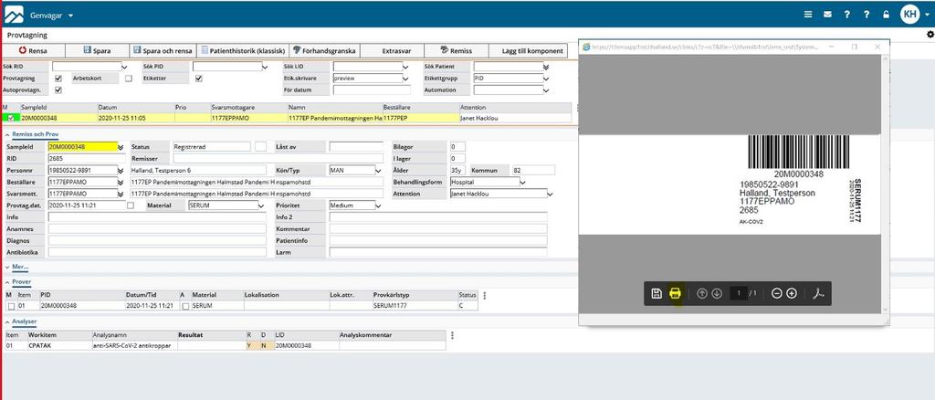 ett SampleID i vårt system (lilla gula fältet nedan). Ett fönster med etiketten visas på skärmen.