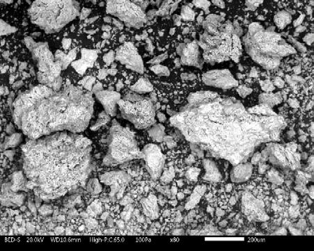 Morfologi och fassammansättning Figur 3.7 visar en 80 ggr:s förstoring (SEM-foto) av den producerade askpelletsens morfologi och sammansättning vid enstaka förbränning av ren slampellets i TGA:n.