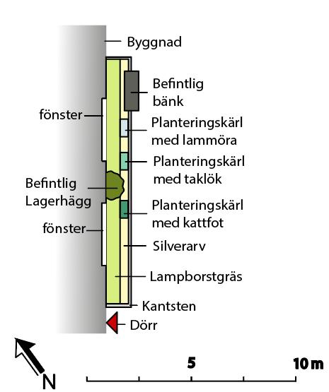 Vid sidan om den upphöjda känselrabatten föreslås att man planterar ett högre gräs som man kan dra händerna genom för en annan typ av taktil sensation.