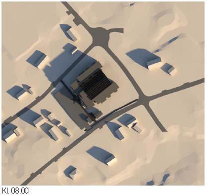 Figur 21. Solstudie för Vår/Höstdagjämning kl 10:00-16:00, framtagen av Liljewalls arkitekter på uppdrag av Bovieran AB 2019-06-13.