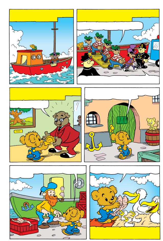 Sen styr Bamse skutan tillbaka till hamnen. När de kommer i land överlämnar Bamse skurkarna till polisen. Varför tog vi Bamse med oss? För att han inte skulle kunna skvallra, tomskalle!