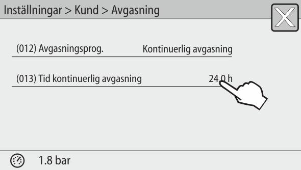 Under intervallavgasningen. Tider: Eftermatningsvattnet avgasas under hela tiden som det eftermatas, se kapitel 9.1.1 "Kundmeny " på sida 18. 5.