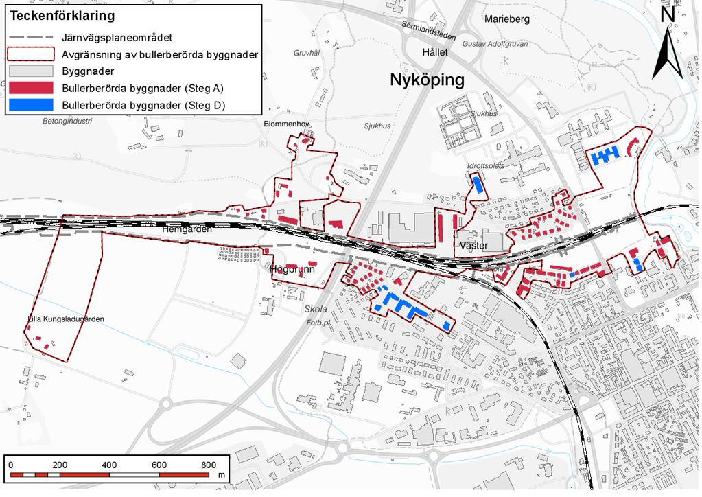 järnväg utanför planeringsområdet. Figuren återges även i Bilaga 1. Figur 5-1: Avgränsning av bullerberörda byggnader och områden.