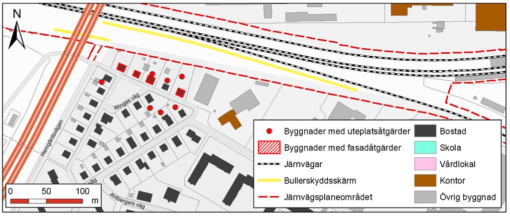 Figur 9-1: Utbredning av bullerskydd vid Winges väg, Industrigatan och Hemgårdsvägen.