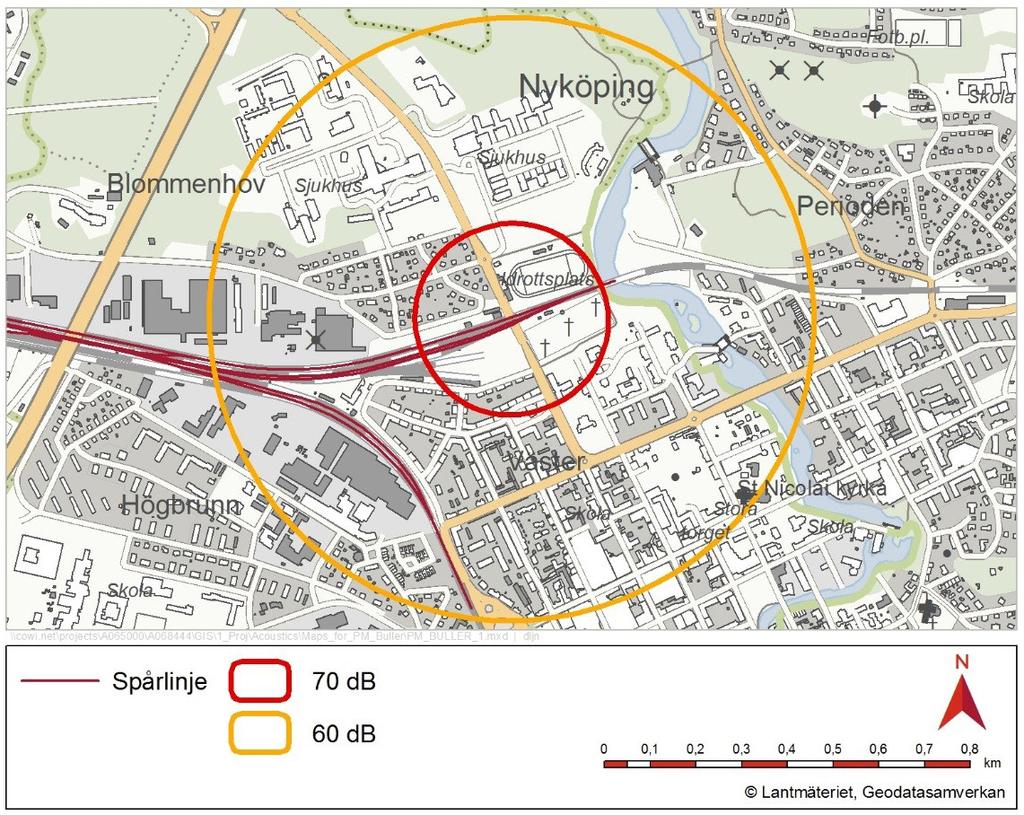 I det visade exemplet kommer det vara 6 bostäder som befinner sig inom riktvärdesavståndet 60 db (orange cirkel).