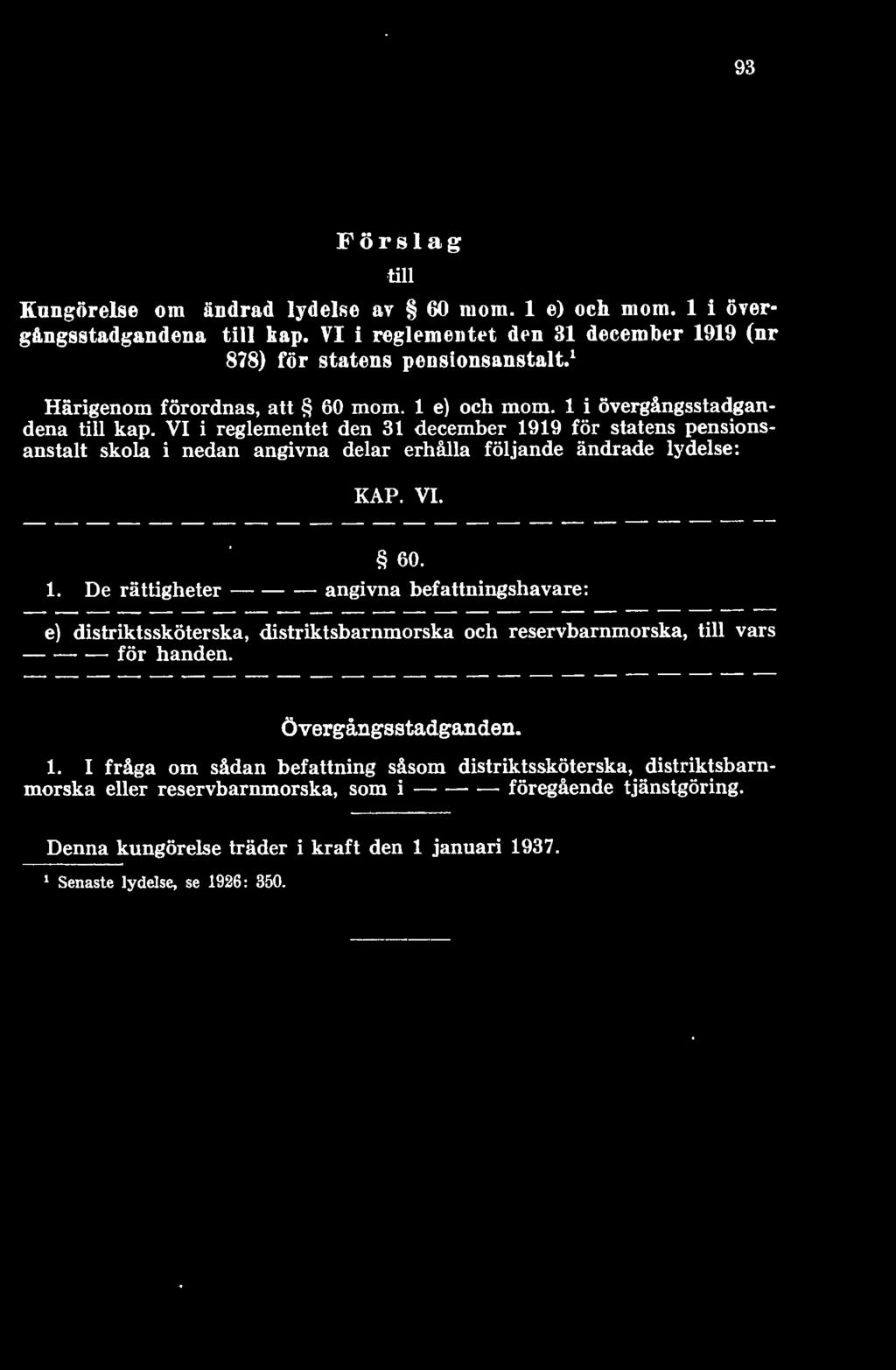 VI i reglementet den 31 december 1919 för statens pensionsanstalt skola i nedan angivna delar erhålla följande ändrade lydelse: KAP. VI. 60. 1. De rättigheter angivna befattningshavare: e) distriktssköterska, distriktsbarnmorska och reservbarnmorska, till vars för handen.