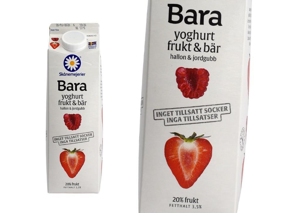 2. Skånemejerier Bara yoghurt frukt & bär hallon & jordgubb Sötad med fruktkoncentrat En fruktyoghurt med mer bär och mindre socker. Så tänker nog de flesta när de ser denna produkt.