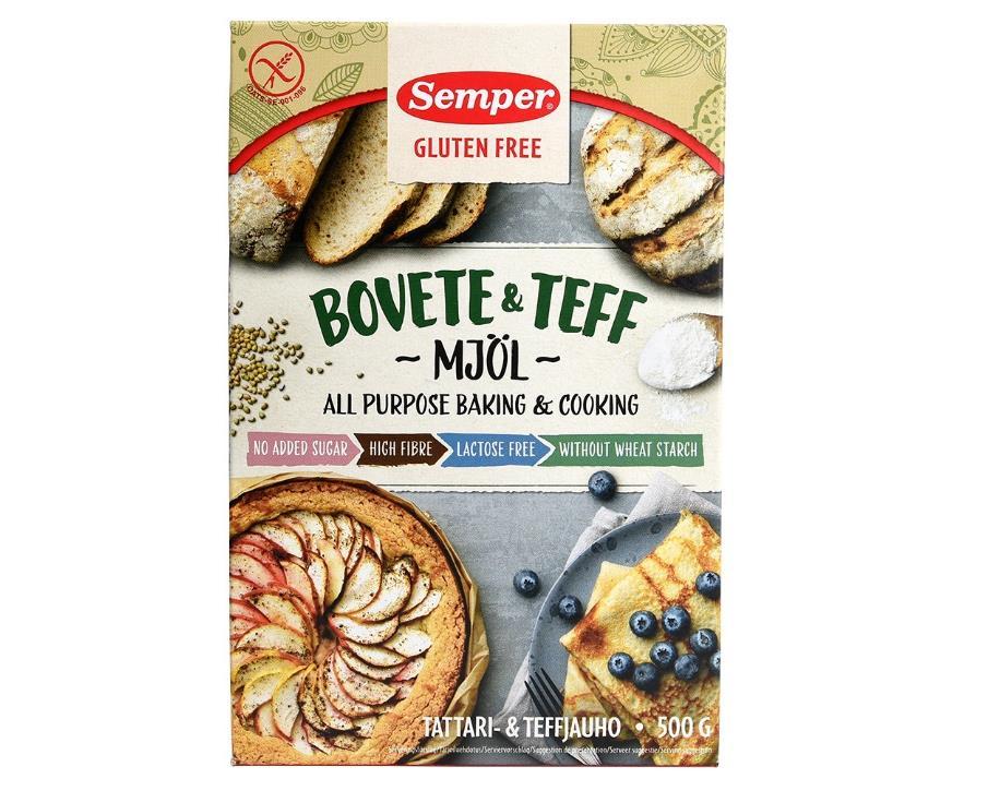 5. Semper gluten free Bovete & Teff mjöl Inte bara mjöl i påsen Framsidan ger intrycket av att det rör sig om ett mjöl av naturligt glutenfria frön av bovete och teff.