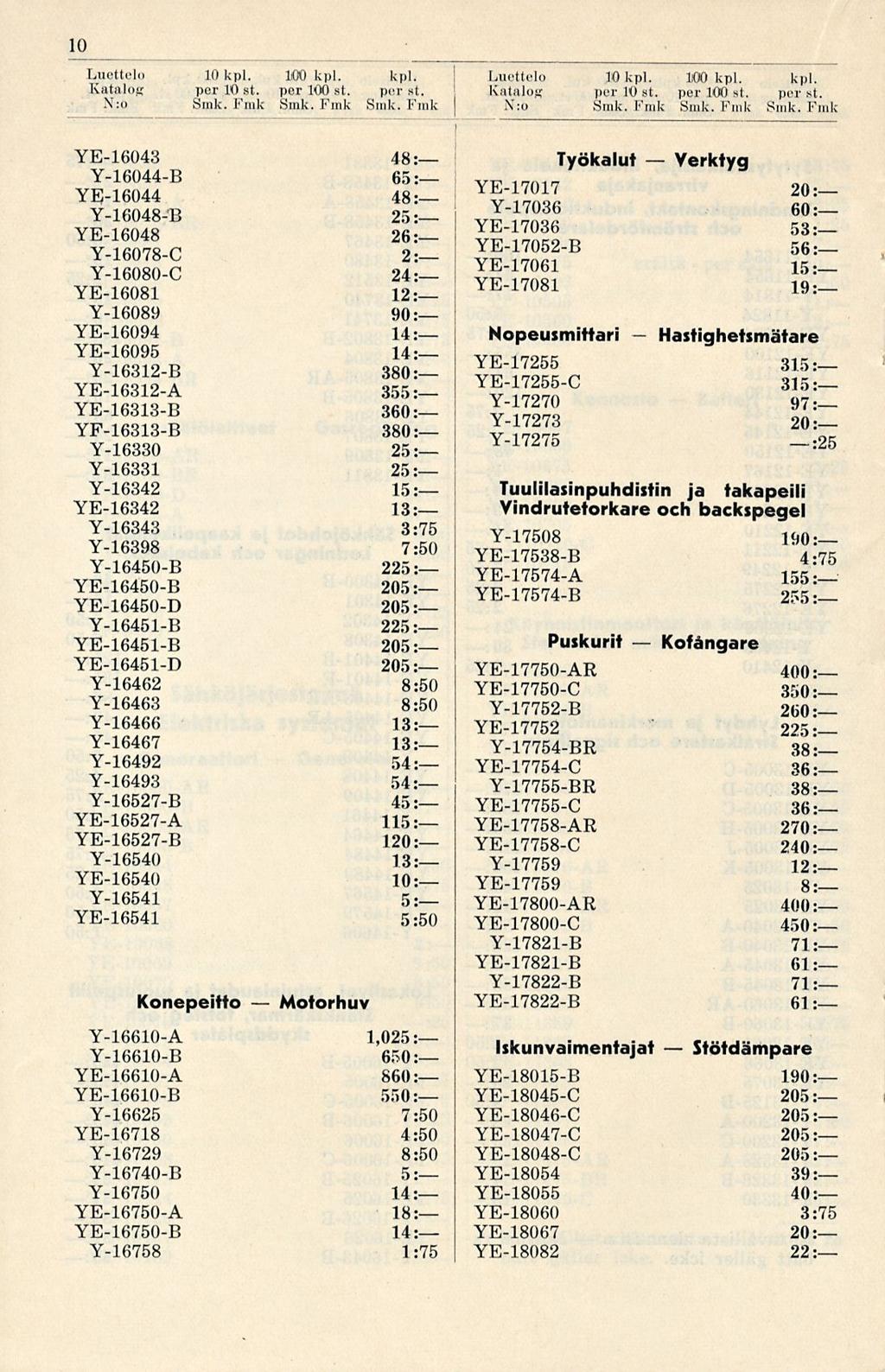 10 Katalog per lo st. per 100 st. per st. i\':o Smk. Fmk Smk.