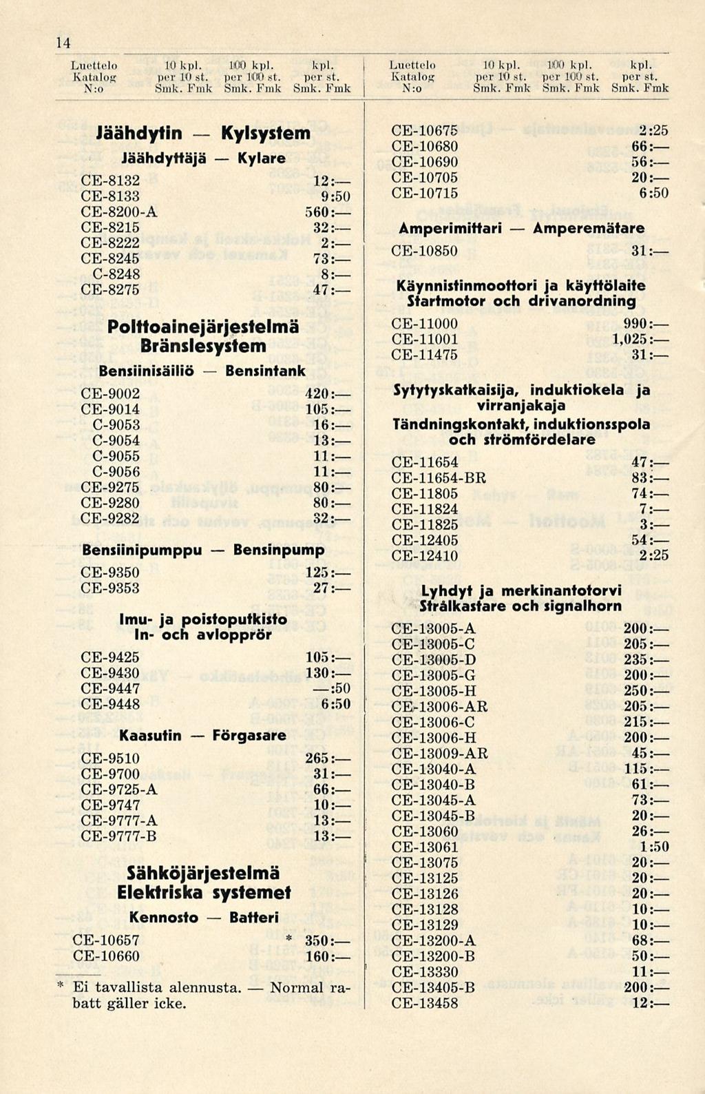 Normal 14 Luettelo 10 kpl. lrt) kpl. kpl. Katalog per 111 st. per 100 st. per st.