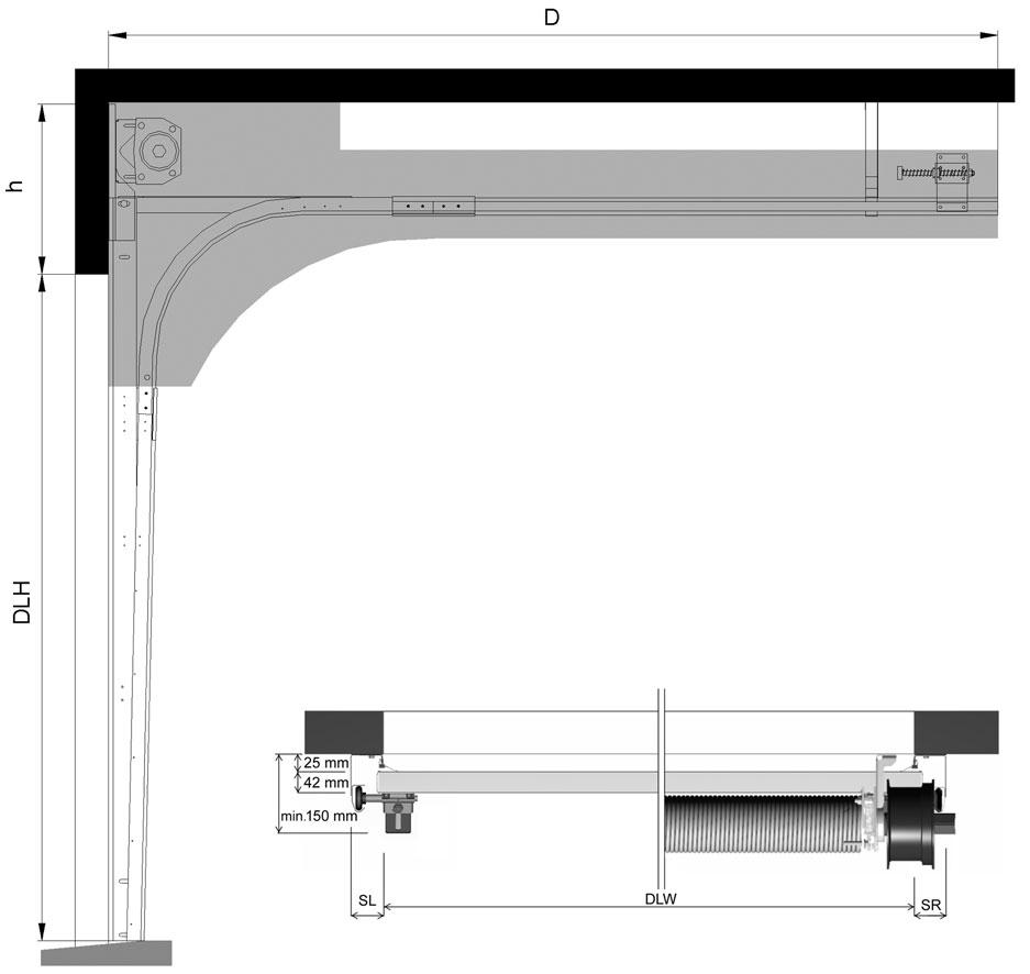 5.2.2 Erfoderligt utrymme SLL h SL/SR D DLW/DLH Sido- och toppvy 400 mm 475 mm (med central motor) 132 mm manuellt, 212 mm D/T-spel, 278 mm U-spel, 270 mm Motor,