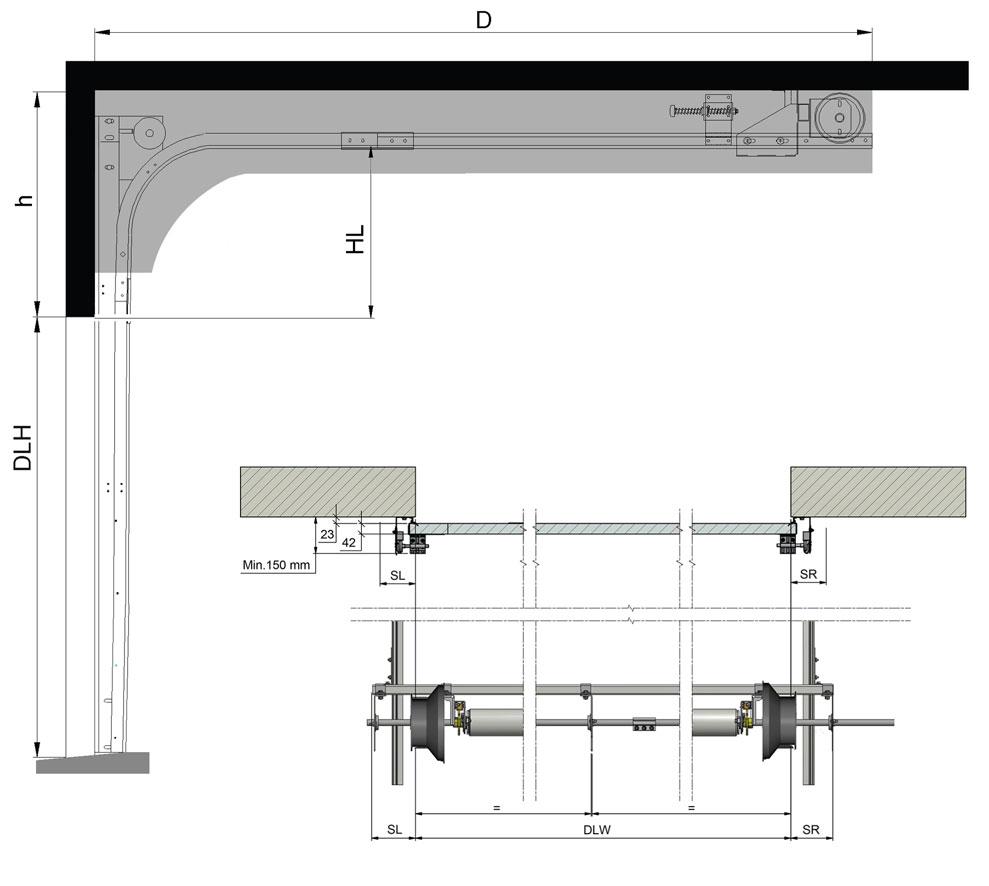 5.2.4 Erfoderligt utrymme HHL h SL/SR D Sido- och toppvy HL+260 mm (HL 3321 mm), HL+285 mm (HL > 3321 mm) 132 mm manuellt, 228 mm D / T-spel, 278 mm U-spel, 304 mm motor, 344 mm motor+spel (med yttre