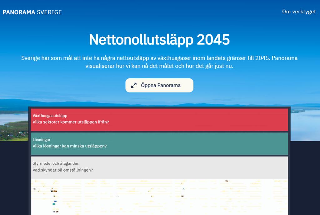 Panorama Naturvårdsverket, Klimatpolitiska rådet och Energimyndigheten har i ett samarbete tagit fram Panorama som är ett nytt samarbetsverktyg som visualiserar Sveriges klimatomställning mot det