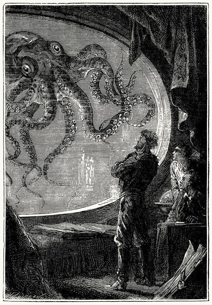 Kaijser Bild 1. Illustration till En världsomsegling under havet. Édouard Riou 1870. kunskapsdomäner, från biologi, kulturhistoria, folklore och populärkultur.