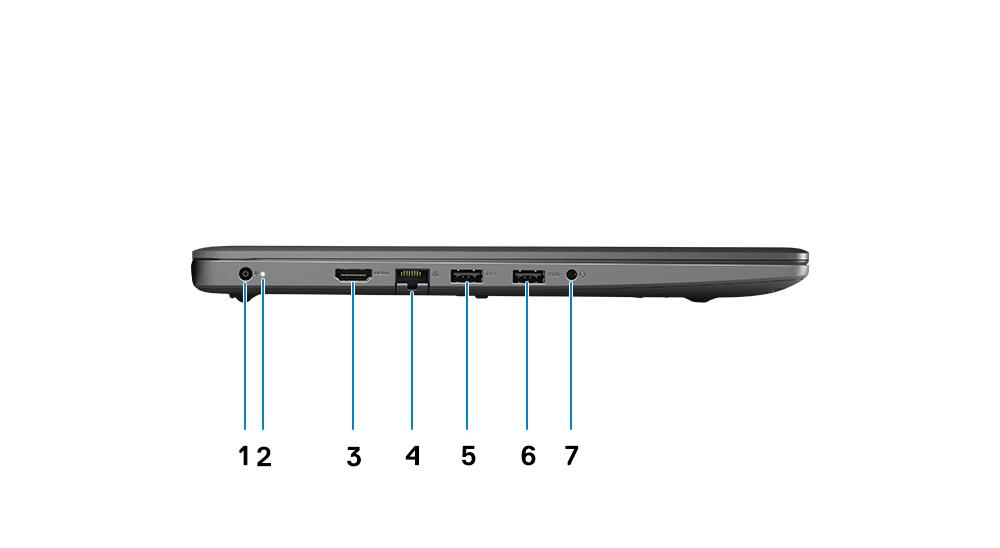 Vänster vy 1. DC-inport 2. Strömlysdiod 3. HDMI 1.4-port OBS: Den maximala upplösningen som stöds av HDMI-porten är 1920x1080 vid 60 Hz (24-bitars). 4. Nätverksport 5. USB 3.2-port Gen 1 6.