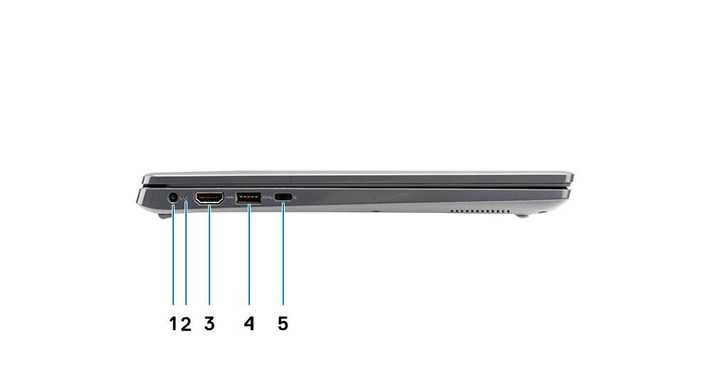 Vänster vy 1. DC-inport 2. LED aktivitetsljus 3. HDMI 1.4 port 4. USB 3.2-port Gen 1 med PowerShare 5. USB 3.2 Gen 1 Typ-C-port med DisplayPort 1.