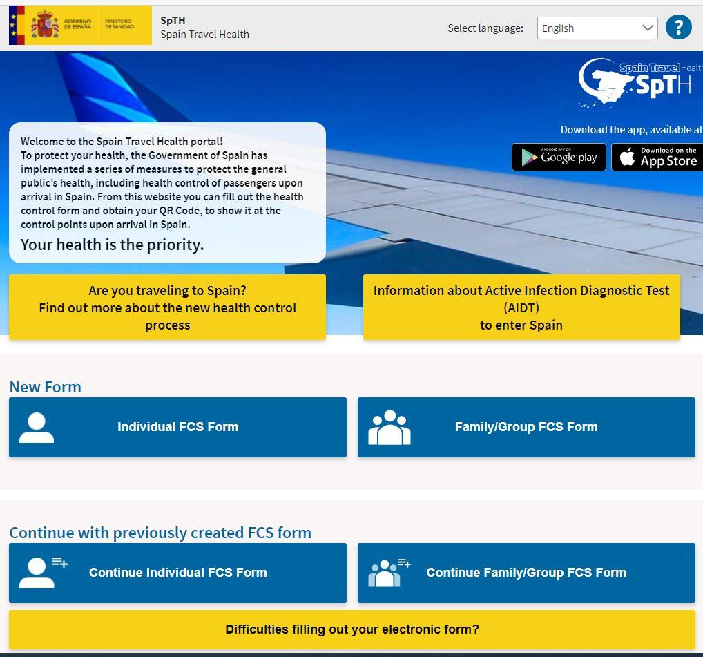 Formuläret finns tillgängligt online på https://spth.gob.es/ Du kan tidigast fylla i formuläret 48 timmar före avresa, och det måste vara gjort innan du reser.