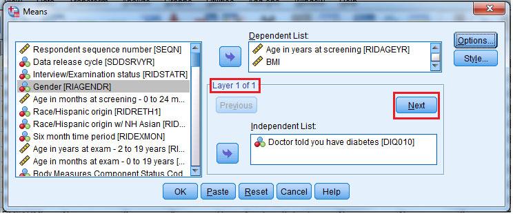 Igen, tryck Analyze > Compare Means > Means, och lägg BMI och Ålder [RIDAGEYR] under Dependent List (ev. så ligger de kvar där sen tidigare).