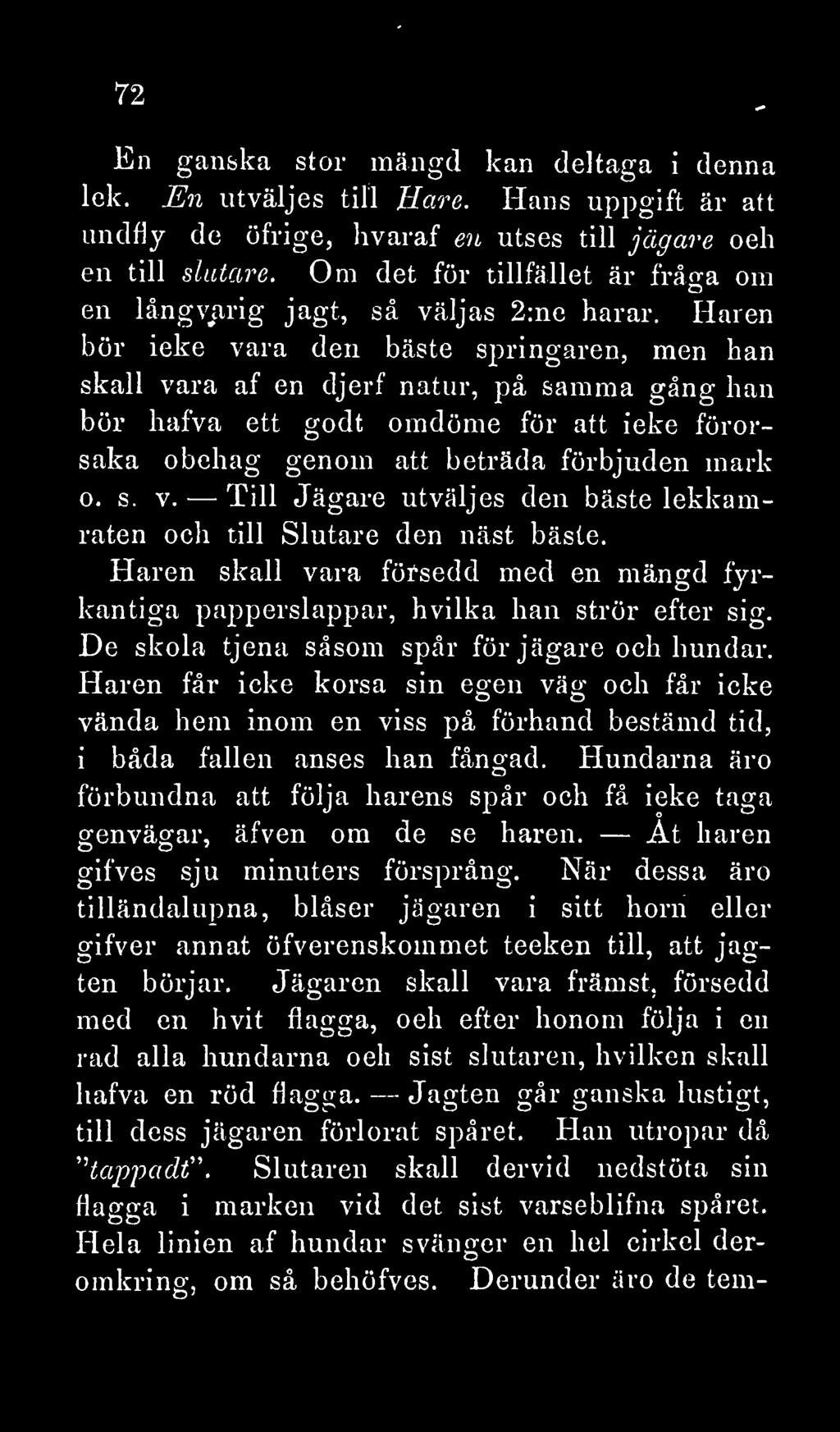 72 En ganska stor mängd kan deltaga i denna lek. En utväljes till Hare. Hans uppgift är att undfly de öfrige, hvaraf en utses till jägare och en till slutare.