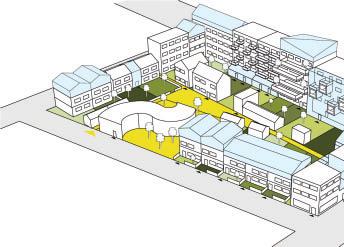 * stadsdrama Föregående. Översiktsbild Valla staden med det lilla centrala torget. IllustratIon okidoki arkitekter Överst. Vallastaden bygger på urbana grannskap.