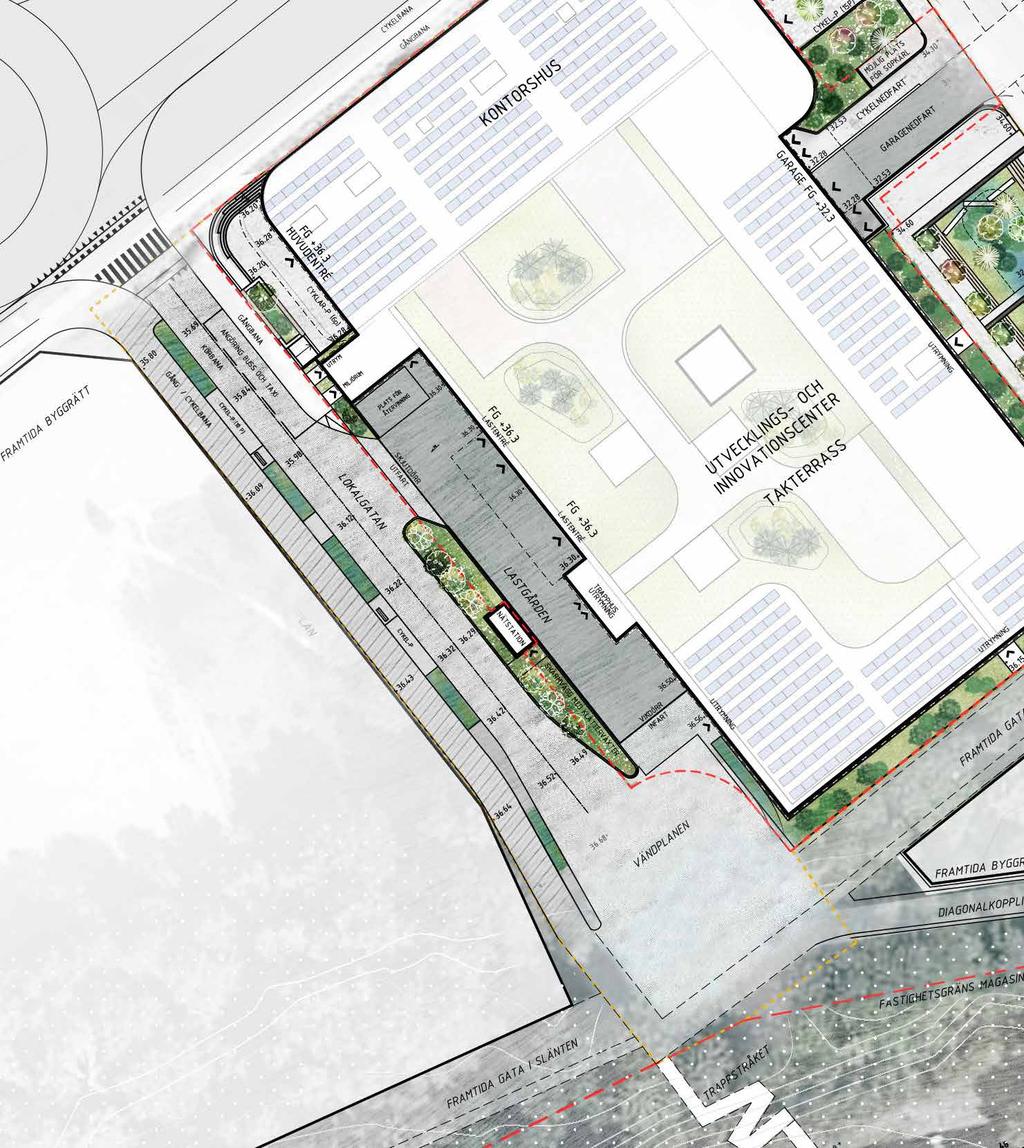 Lokalgata med vändplan Bild: Inzoomat planutsnitt för lokalgata med vändplan. Planområdesgräns i gult och fastighetsgräns i rött.