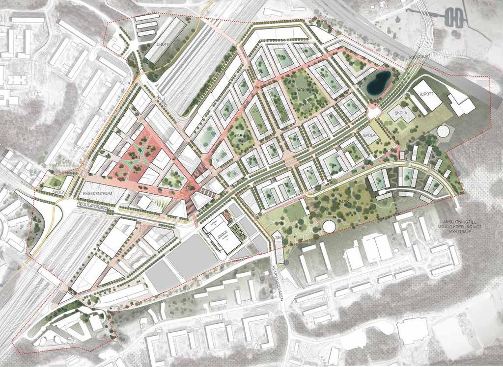 Inledning Bild 1. Övergripande illustrationsplan med markering i gult för aktuellt planområde, Centralmarken. Strukturplan av BIG, justerad av Urbio.