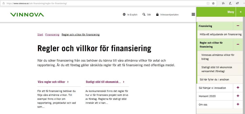 Regler och villkor för finansiering www.vinnova.