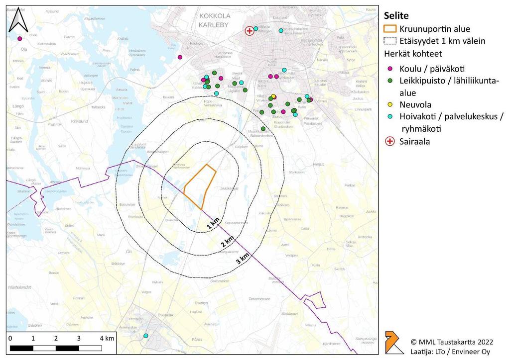 - Björkhagens hälsostation på ca 3,8 km avstånd - Mellersta Österbottens centralsjukhus på ca 6,1 km avstånd Följande figur visar de närmaste känsliga platsernas läge i förhållande till