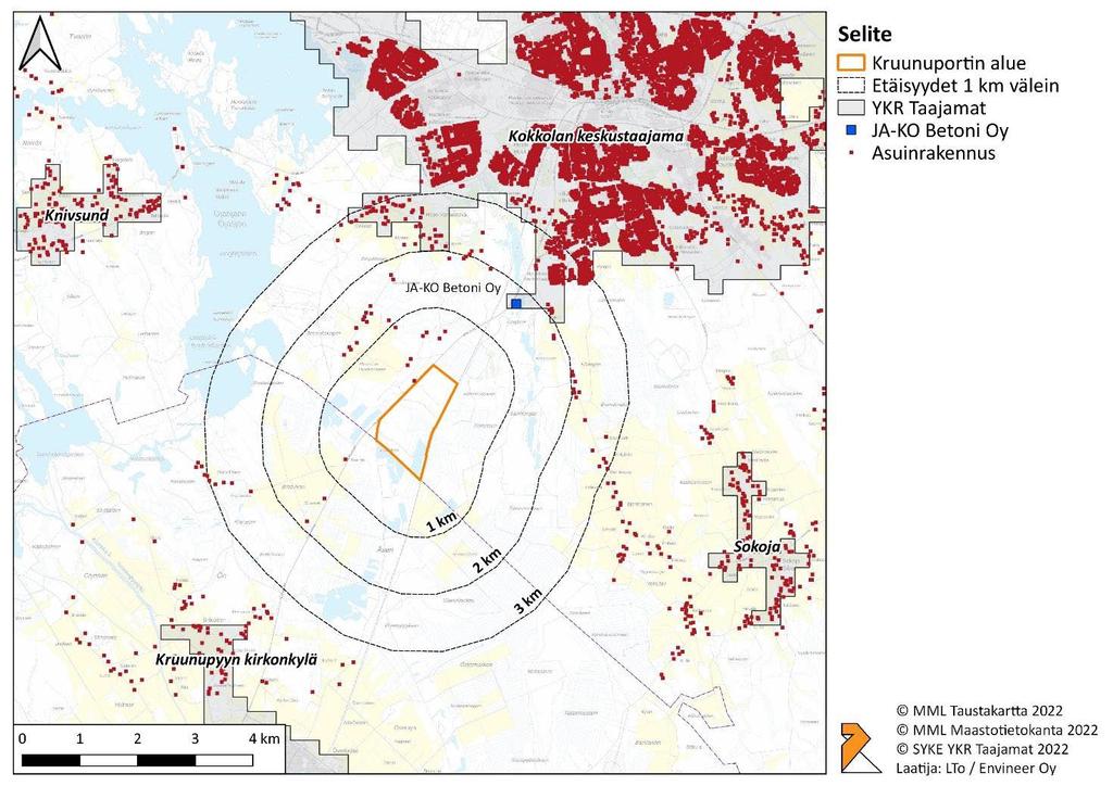 24 Figur 27. Planeringsområdets avstånd till bebyggelse I utredningen har miljöns känslighet dessutom analyserats med tanke på inverkan på miljön, grundvattnet och infrastrukturen.