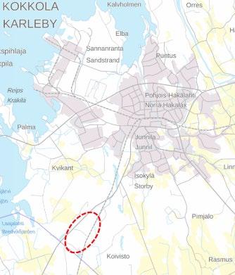 2.2 OMRÅDETS LÄGE Området Kronporten, som är föremål för planeringen, ligger på området mellan riksväg 8 och järnvägen cirka sju kilometer sydväst om Karleby stads centrum.