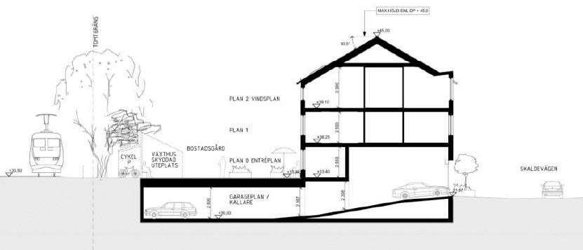 Sida 24 (41) Förslag på sektion som visar parkeringsgarage och tillhörande ramp. (Källa: Bergkrantz Arkitektur).