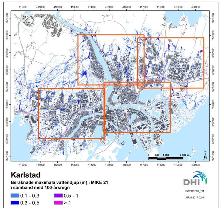 Figur 4.2 visar beräknade maximala vattendjupet för ett 100 års regn (Länstyrelsen, 2017). 4.1.2 Områdesbeskrivning och förutsättningar för Växjö kommun Växjö är en stad i Kronobergs län.