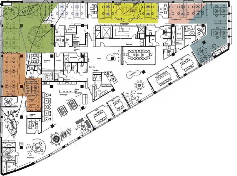 Figur 6: Planlösning för Fabeges kontor i Arenastaden, Stockholm. Carlstedt anser att medarbetarnas inställning till arbetssättet har upplevts som ganska positiv.
