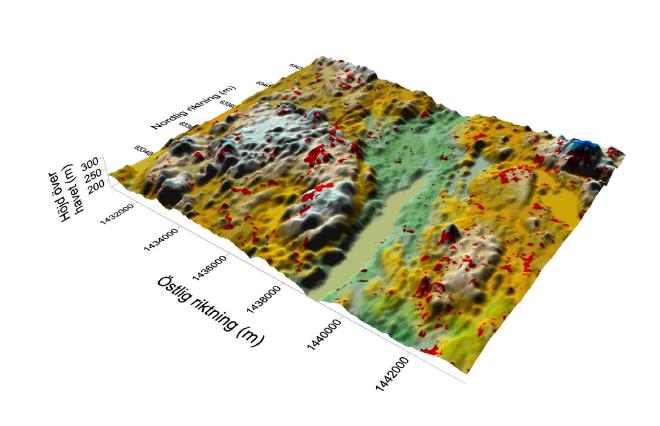 Figur SPS83 Skadade områden efter stormen Gudrun i rött, draperade över en höjdmodell över markens topografi. Asa försökspark i Kronobergs län, med omgivningar.