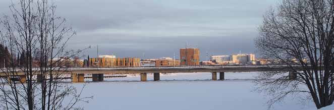 En av flera byggnader på Konstnärligt campus med gemensamt arkitektoniskt formspråk: kubistisk arkitektur med bärande stålstomme och fasader av stående profiler av sibirisk lärk, genombrutna av