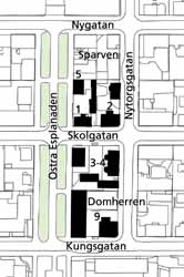 2 Bostadsbebyggelse i kv Domherren och Sparven, sent 1800-tal och 1930-tal Sparven 5, Östra Esplanaden 6. Kjell Wretling 1934. Sparven 1, Skolgatan 79. C Fr Sandgren 1888.