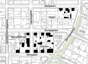 9 Stora tvåfamiljshus i kv Ekorren, Stora Björnen och Vajan, 1920- och 1930-tal Stora Björnen 12, Kungsgatan 92. C A Sandström 1917. Ekorren 8, Storgatan 91. B H 1930. Ekorren 6, Kungsgatan 94.