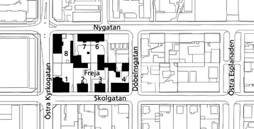 11 Bostadsbebyggelse i kv Freja, 1920- och 1930-tal Freja 6, gårdsentré. Inne på gården skymtar ett av fastighetens två gårdshus.