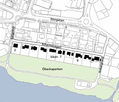 16 Villor vid Scharinsvägen, 1940- och 1950-tal Utmed en lugn och lummig gata och med utsikt över Öbackaparken och älven ligger denna rad av villor, alla uppförda under perioden 1940 60 och de