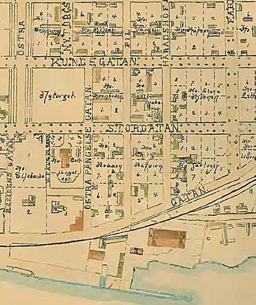 1899 Wilhelm Stolpes karta över Umeå 1899. Nere vid älven vid platsen för nuvarande Konstnärligt campus syns byggmästaren Per Erikssons snickerifabrik.