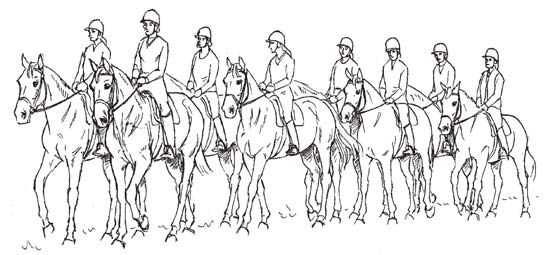 Rida sida vid sida Att rida snett bakom varandra utgör en risk då det lätt kan hända att den ena hästen sparkar efter den andra och av misstag råkar träffa ryttarens ben eller fot.