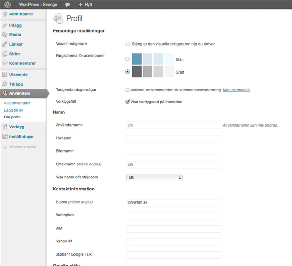 Mina användarinställningar Användarinställningarna är ganska rakt på sak, fyll i för- och efternamn, webbplats och liknande om det saknas.