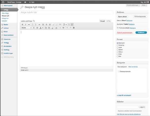 4.1 Materialinmatning i WordPress Så gott som allt material i WordPress matas in på samma vis, med likartade kontroller.
