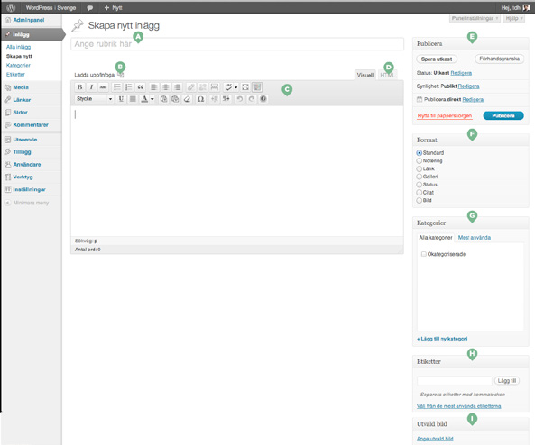 Bekanta dig med skriv-sidans upplägg A. I rubrikfältet skriver du inläggets rubrik B. Mediasymbolen öppnar rutan för uppladdning av exempelvis bilder C.
