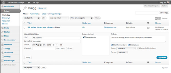 Då fälls en ruta ned där du snabbt kan ändra titel, permalänk, publiceringsdatum, kategorier, taggar, postens status, och så vidare.