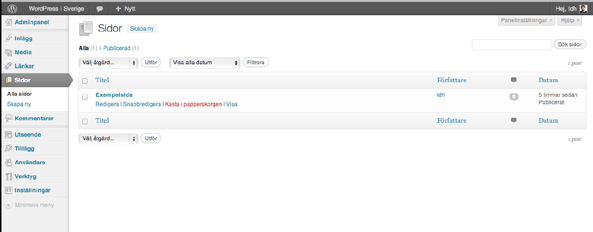 5.2 Jobba med sidor Sidor må inte vara poster, men att jobba med dem är snarlikt. Klicka på Sidor i vänstermenyn och du får en lista på dina sidor snarlik den du får under Inlägg med dina poster.