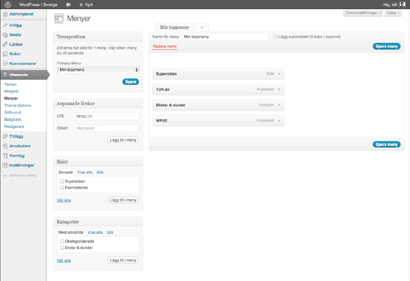 11.1 Så fungerar menyer Under Utseende i admingränssnittet hittar du Menyer, en funktion tänkt för att just bygga egna menyer till din webbplats.