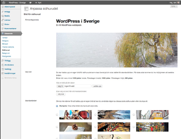 11.2 Byt sidhuvud Vissa teman låter dig byta toppbild, vilket du då gör under Utseende > Sidhuvud.