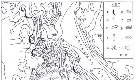 Fig. 4. Fig.en visar räfflor, drumliner, moränryggar och isälvsavlagringar i området. Från Ringberg 1984. Vägbeskrivning: Kör väg 13 till Röstånga samhälle.