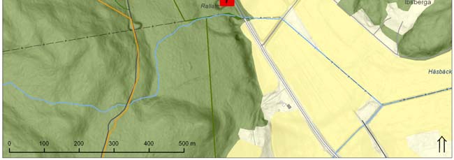 Karta över området ses till vänster. GPS-punkter: Huvudravinen: 56.0366 13.2470. Diabasgång i rasbrant: 56.0344 13.2402. Snödrevsnisch: 56.0371 13.2432. Ändmorän: 56.0305 13.2357.